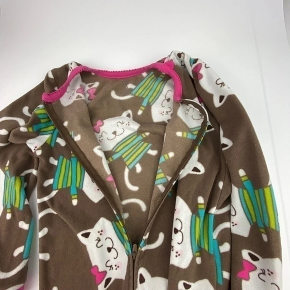 Carters Girls Pajamas Size 6 Fleece Cat Print Zip Up 1 Piece Footless Pajamas